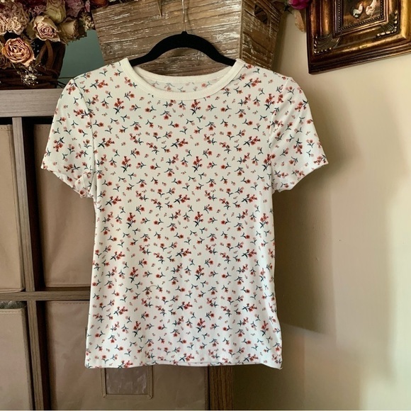NO Boundaries Crew Ribbed Y2K Ditsy Floral Short Sleeve Top Sz M Juniors Cream - Picture 3 of 13